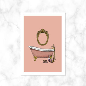 Een ansichtkaart met Frans antiek bad op een roze achtergrond.