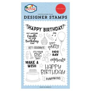 Clear stamps met feestillustraties en Engelse verjaardagswensen