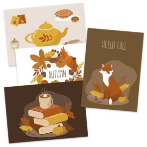 Kaartset bestaande uit 4 kaarten in herfstsfeer met herfstbladeren, boeken, vos en theepot van Pinkstore.