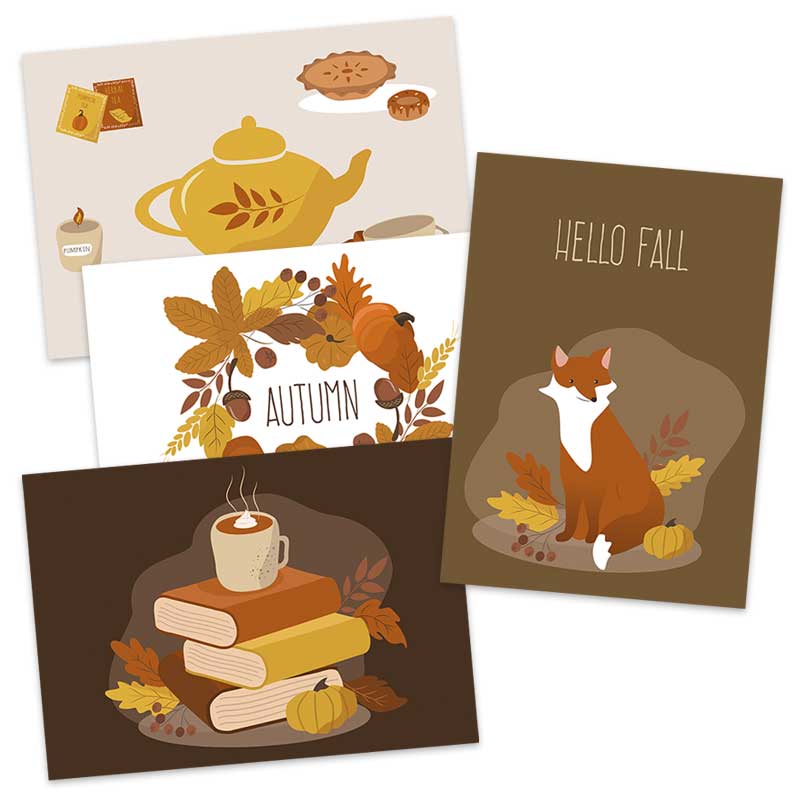 Kaartset bestaande uit 4 kaarten in herfstsfeer met herfstbladeren, boeken, vos en theepot van Pinkstore