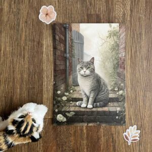 Postkaart met illustratie van kat in een steeg