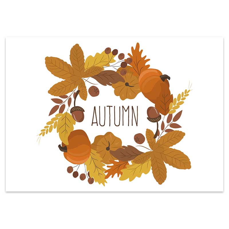 Witte postkaart illustraties herfstbladeren, pompoen en eikel van pinkstore.