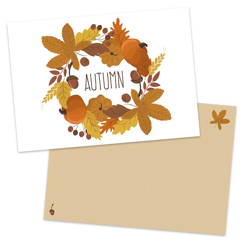 Witte postkaart illustraties herfstbladeren, pompoen en eikel met bruine envelop van Pinkstore