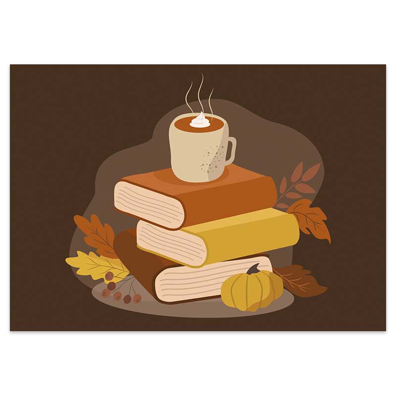 Bruine postkaart met illustraties van boeken, herfstbladeren en warme chocolade melk van Pinkstore