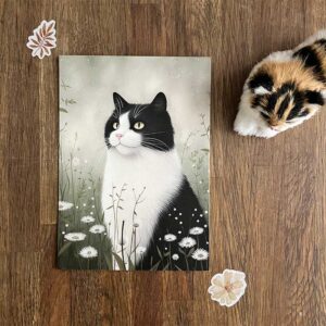 Postkaart met illustratie van kat in een veld van margrietjes