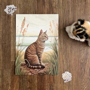 Postkaart met illustratie van kat in de duinen
