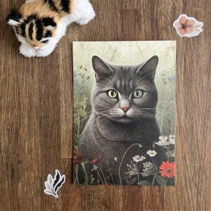 Postkaart met illustratie van kat in een bloemenveld