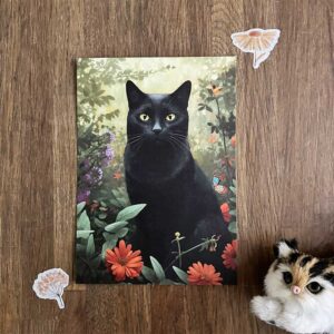 Postkaart met illustratie van kat in het bos