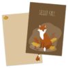 Bruine postkaart met illustraties van een vos, pompoen, herfstbladeren en bruine envelop van Pinkstore