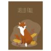 Bruine postkaart met illustraties van een vos, pompoen en herfstbladeren van Pinkstore.