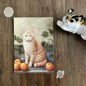 Postkaart met illustratie van kat op het aanrecht met sinaasappels