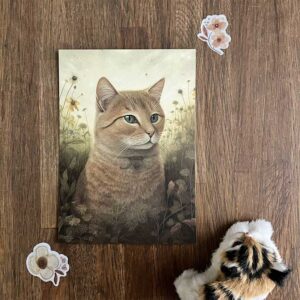 Postkaart met illustratie van kat in een veld