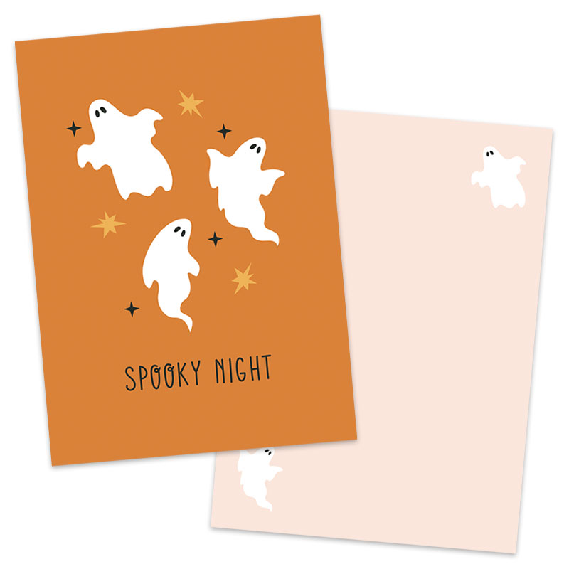 Oranje postkaart met drie witte spookjes en lichtroze envelop van het merk Pinkstore