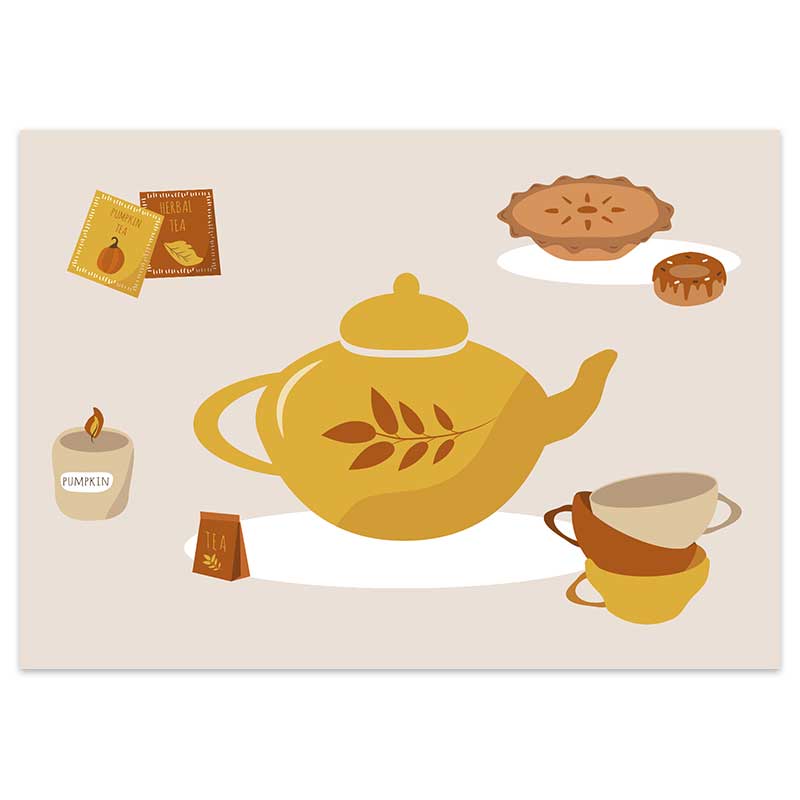 Beige postkaart met een gele theepot, kopjes, theezakjes, suikerpot en taart van Pinkstore.