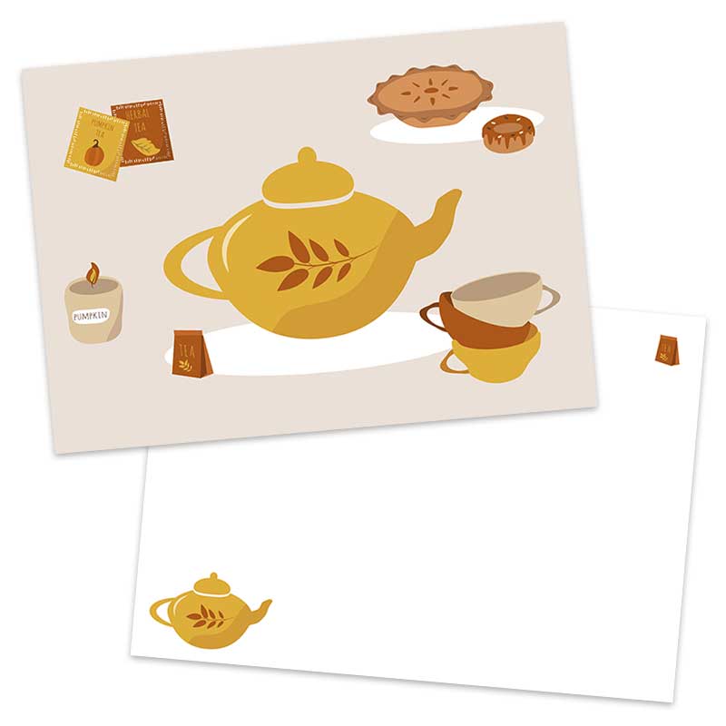 Beige postkaart met een gele theepot, kopjes, theezakjes, suikerpot en witte envelop van Pinkstore