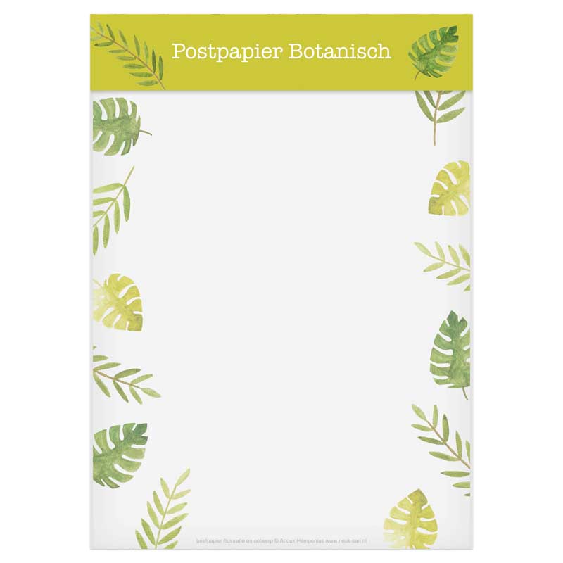 Voorkant set met 5 vellen briefpapier, 5 groene enveloppen, 5 etiketten en 5 ronde stickers botanisch van Nouk-san