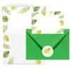 Set met 5 vellen briefpapier, 5 groene enveloppen, 5 etiketten en 5 sluitzegels in thema botanisch