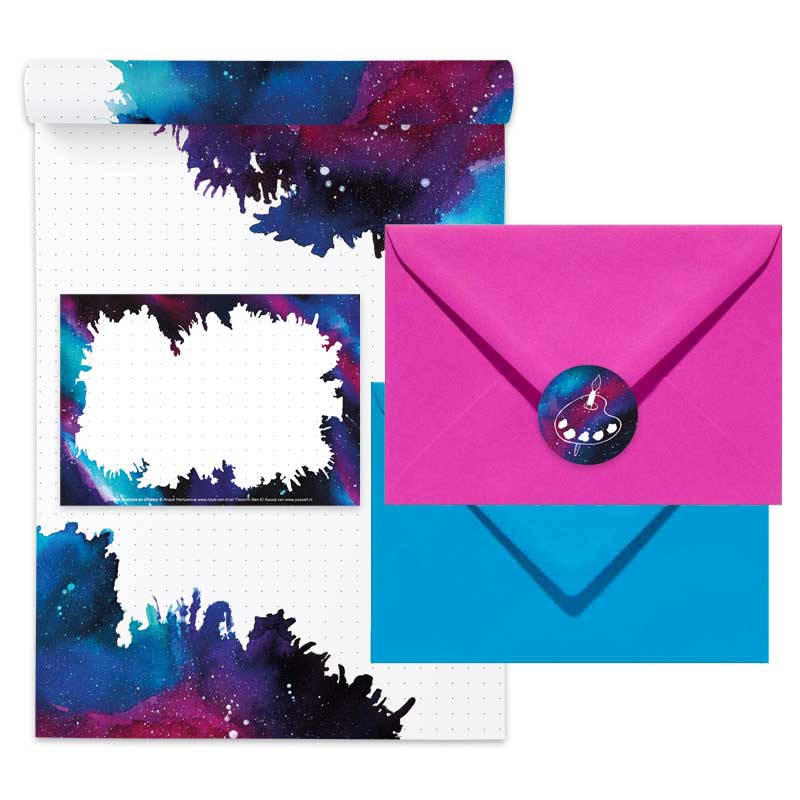 Postpapier set met A5 notitieblok, 6 gekleurde C6 enveloppen, 6 A7 etiketten en 6 ronde sluitzegels in galaxy thema van Nouk-san en Yassart