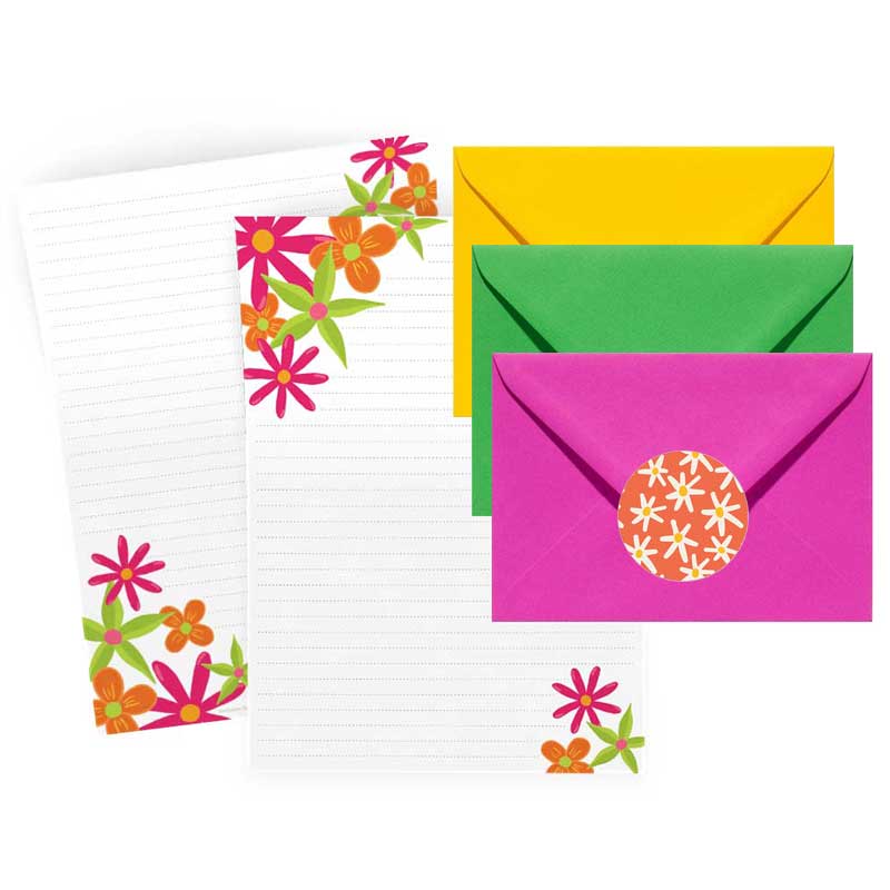 Postpapierset met briefpapier lentebloemen, gekleurde enveloppen en stickers flowerpower