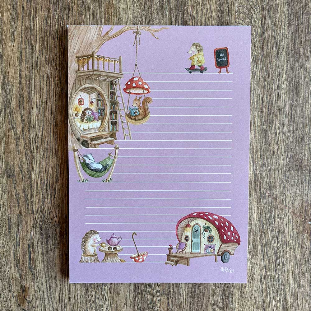 a5 briefpapier boomhut en caravan met dieren