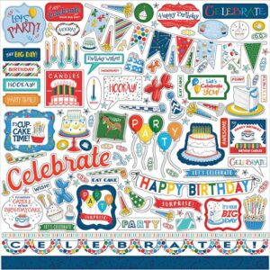Stickervel met uitgesneden feest illustraties en Engelse verjaardagswensen