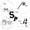 Vel met 5 witte ronde stickers met tekst 'voor' in Sinterklaas thema van Kassaplan