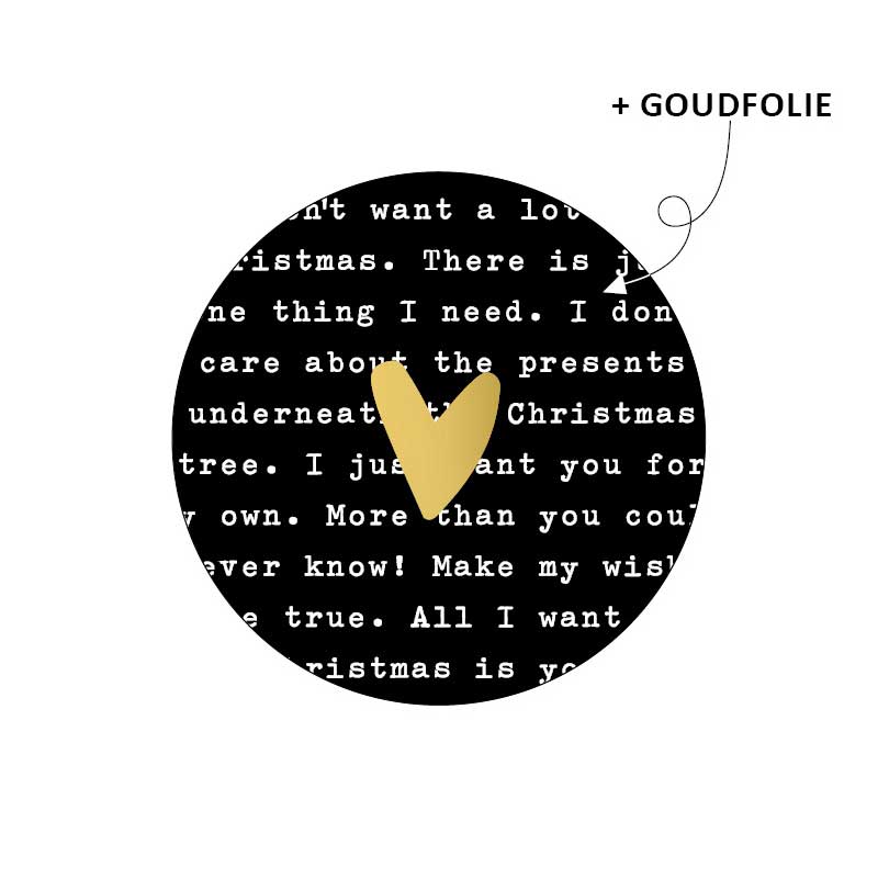 Vel met 5 ronde zwarte stickers met goudfolie hart en 'All I want for Christmas'-songtekst in wit op achtergrond van Kassaplan