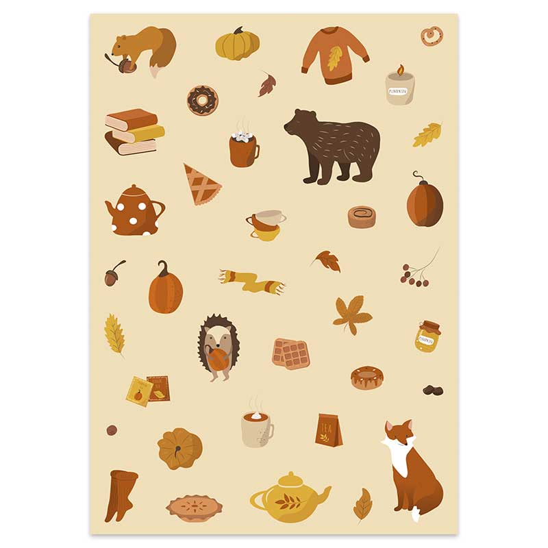 Stickervel met herfstachtige illustraties van wilde dieren, bladeren, theepotten en meer van Pinkstore.