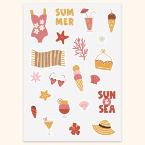 A5 stickervel met 21 uitgesneden stickers van zomerse illustraties